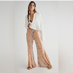 NWOT Free People Flare Patchwork Bali Sultry Pants Aqua Combo Sz S Small
